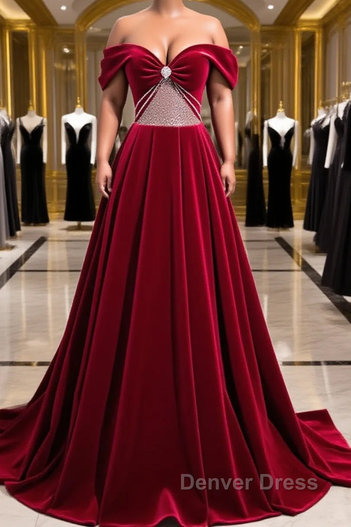 Burgundy Velvet Long Prom Dresses, Off the Shoulder Evening Party Dresses Main image