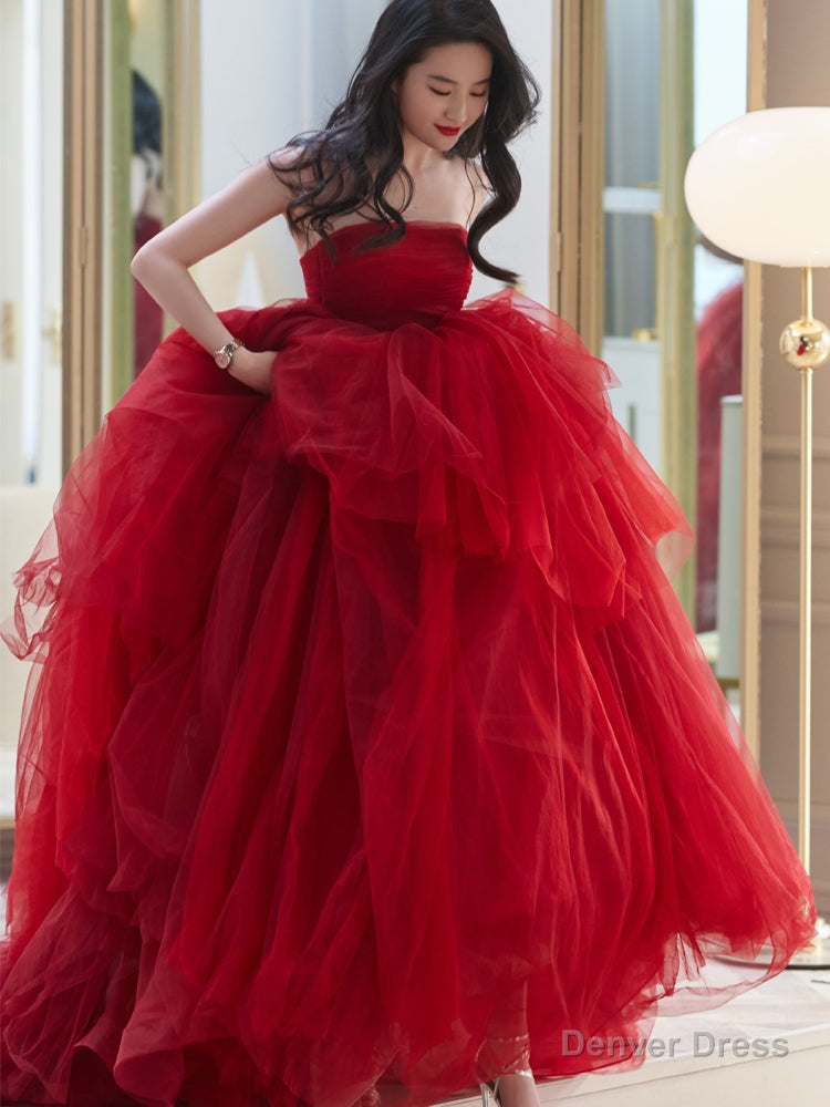 Red tulle long A Line prom Dress red Prom Dresses Secondary image