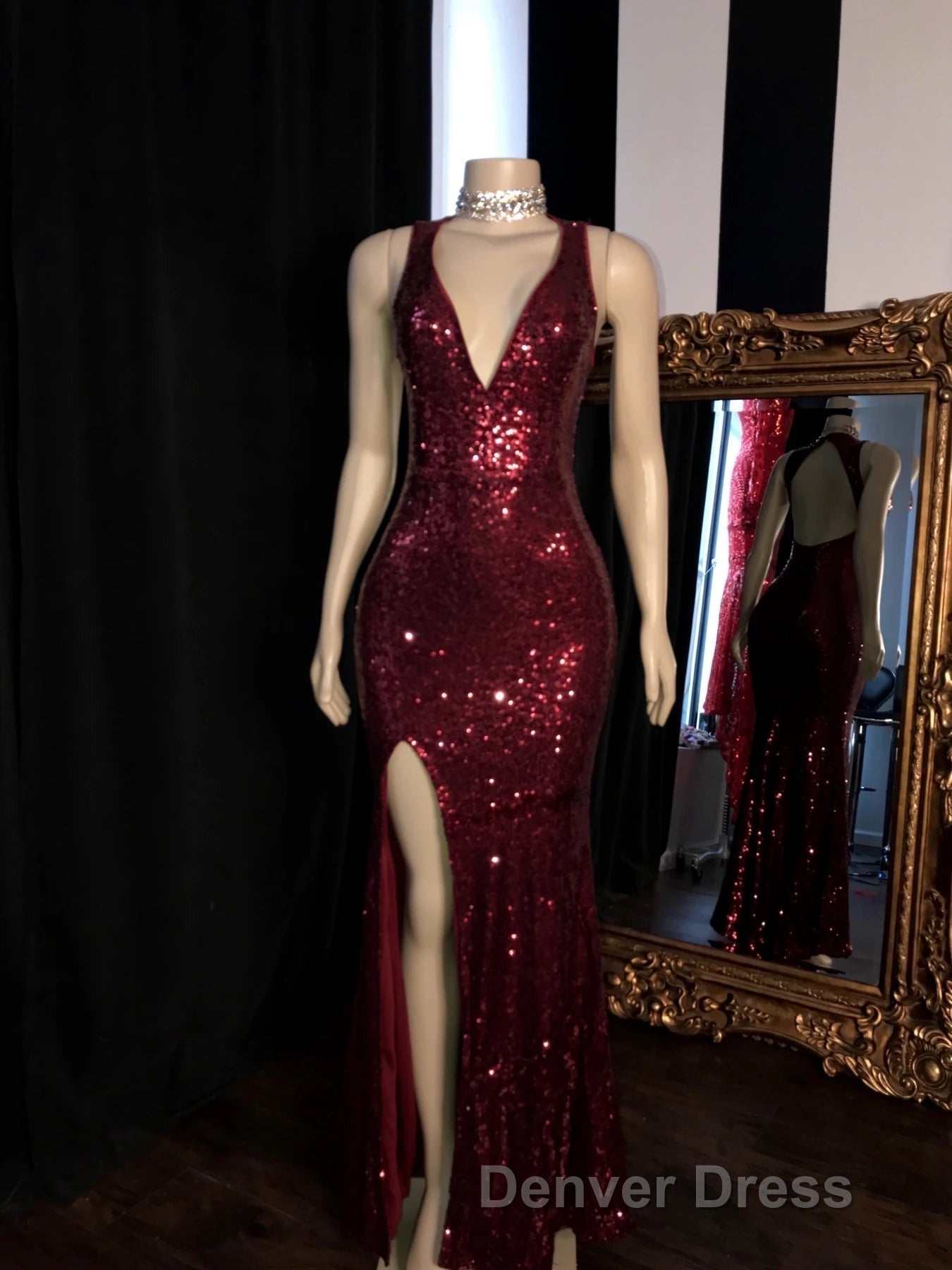 Long Mermaid Burgundy Sequin Prom Dresses Glitter Split Prom Gowns