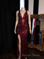 Long Mermaid Burgundy Sequin Prom Dresses Glitter Split Prom Gowns