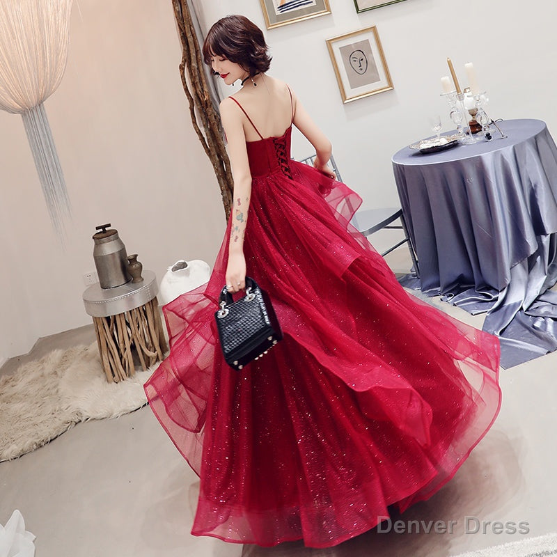 Burgundy v neck tulle long prom dress, formal dress