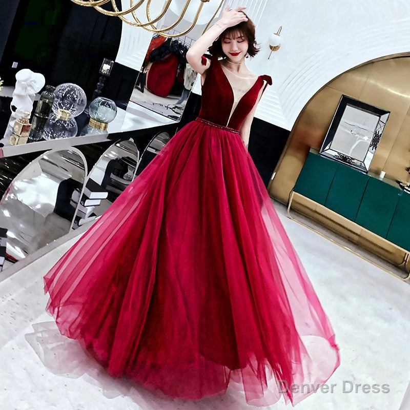Burgundy velvet tulle long prom dress party dress Secondary image