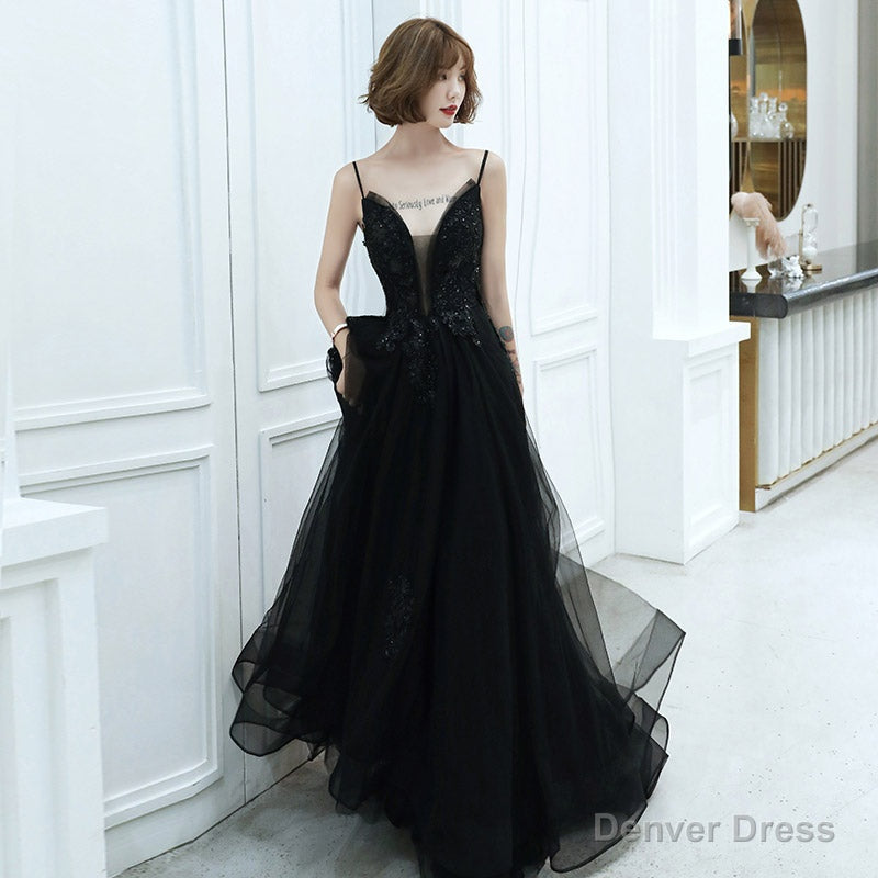 Black v neck tulle beads long prom dress evening dress