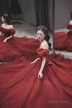 Burgundy tulle long ball Gowns Dress Prom Dresses
