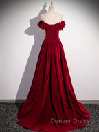 Burgundy Velvet Long Prom Dresses, Off the Shoulder Evening Party Dresses