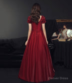 Burgundy satin long prom dress A line evening gown