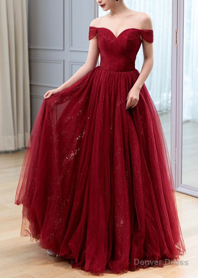 Urgundy Tulle Long Prom Dress, A Line Off The Shoulder Prom Dresses