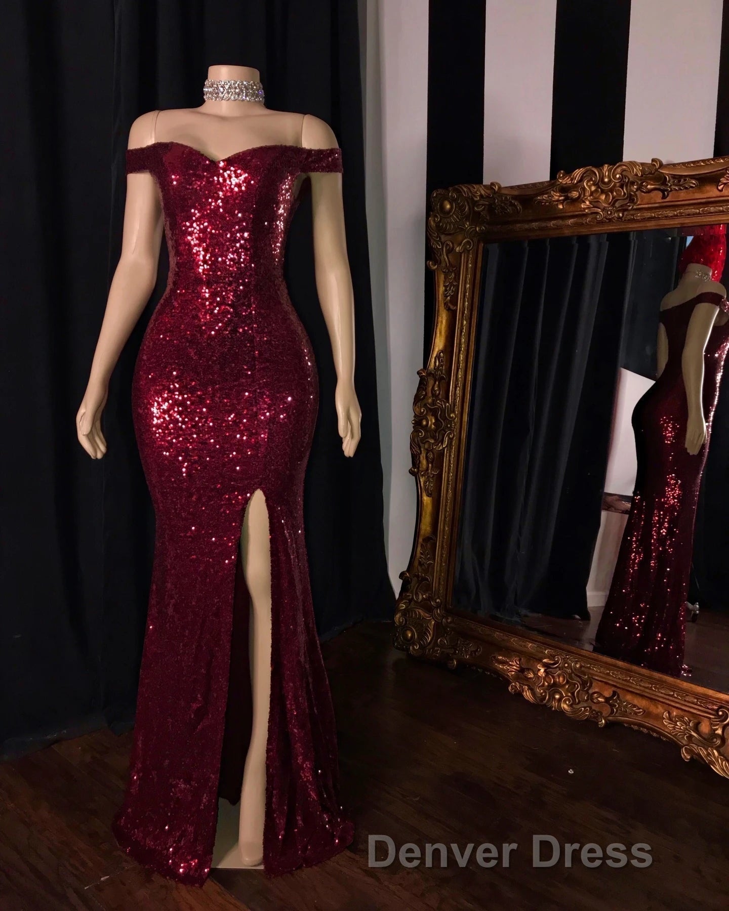 Long Mermaid Burgundy Sequin Prom Dresses Glitter Split Prom Gowns