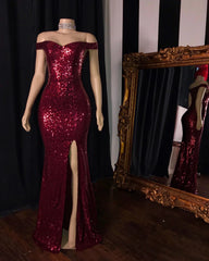 Long Mermaid Burgundy Sequin Prom Dresses Glitter Split Evening Gown