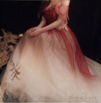 Red Gradient Off the Shoulder Tulle Prom Dresses