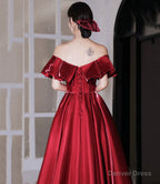 Red satin long prom Dress A Line Prom Dresses