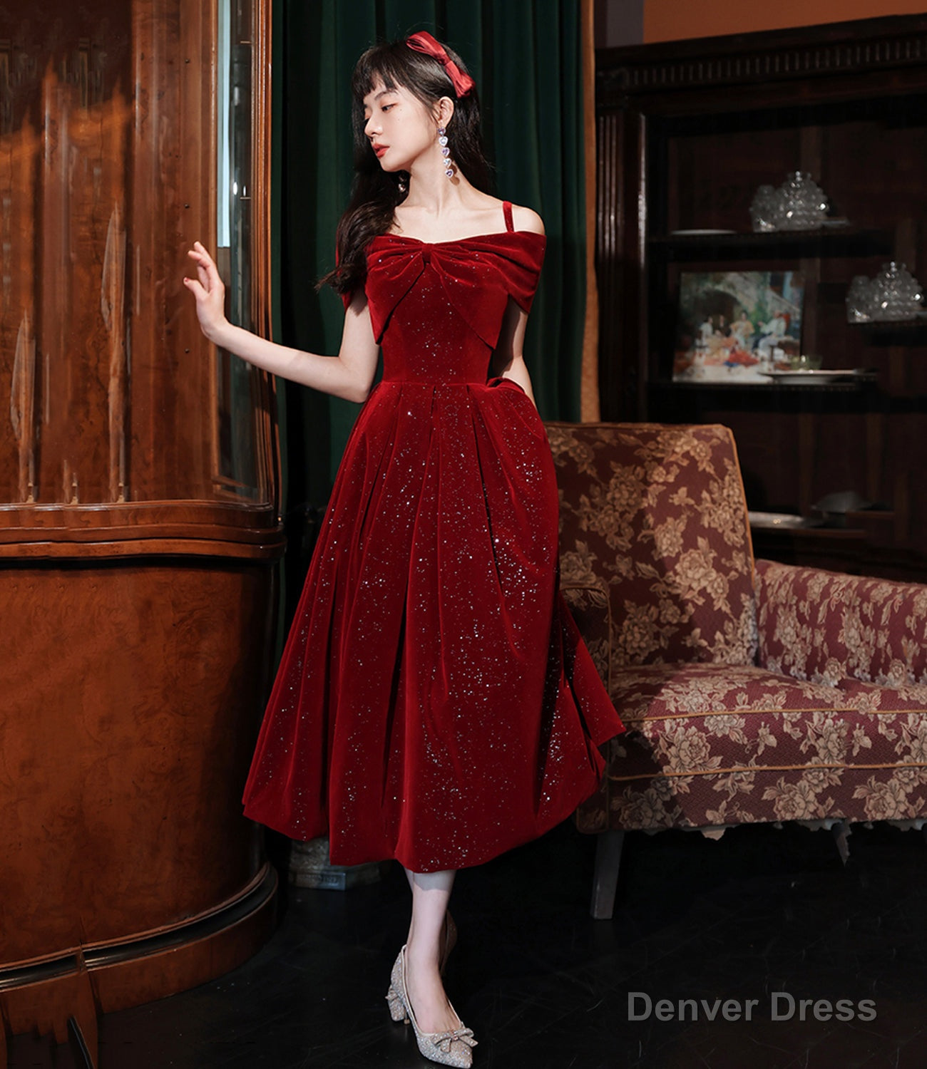 Burgundy velvet short prom dress homecoming dress Main image