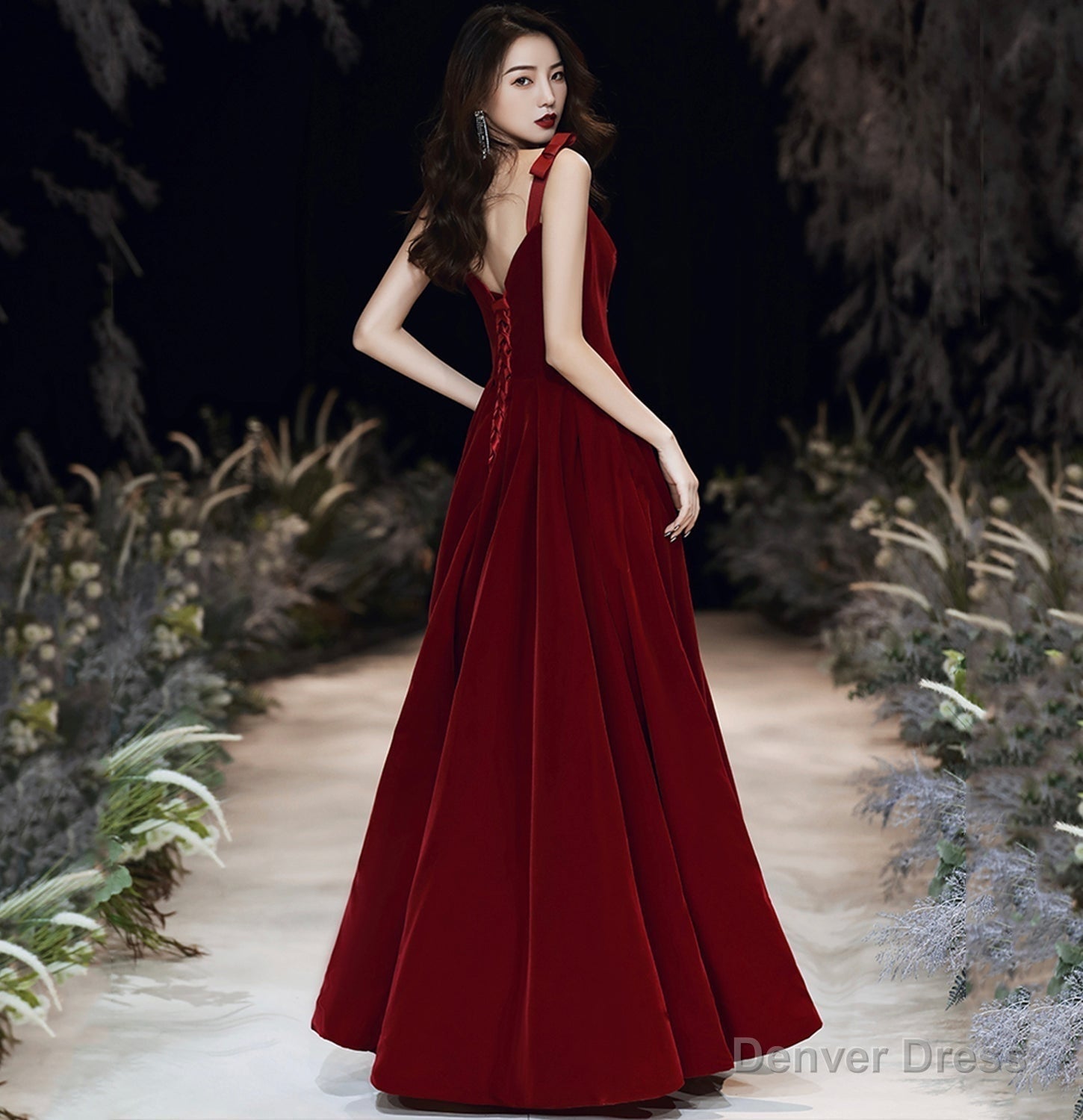 Red velvet long prom Dresses Simple Prom Gowns