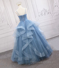 Blue Tulle Long Prom Dresses Blue Evening Gown