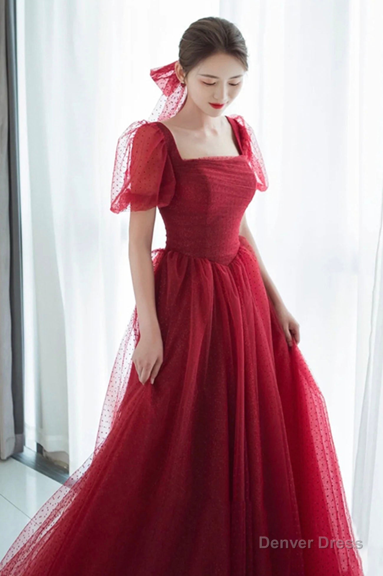 Red tulle long prom Dress A Line Prom Dresses