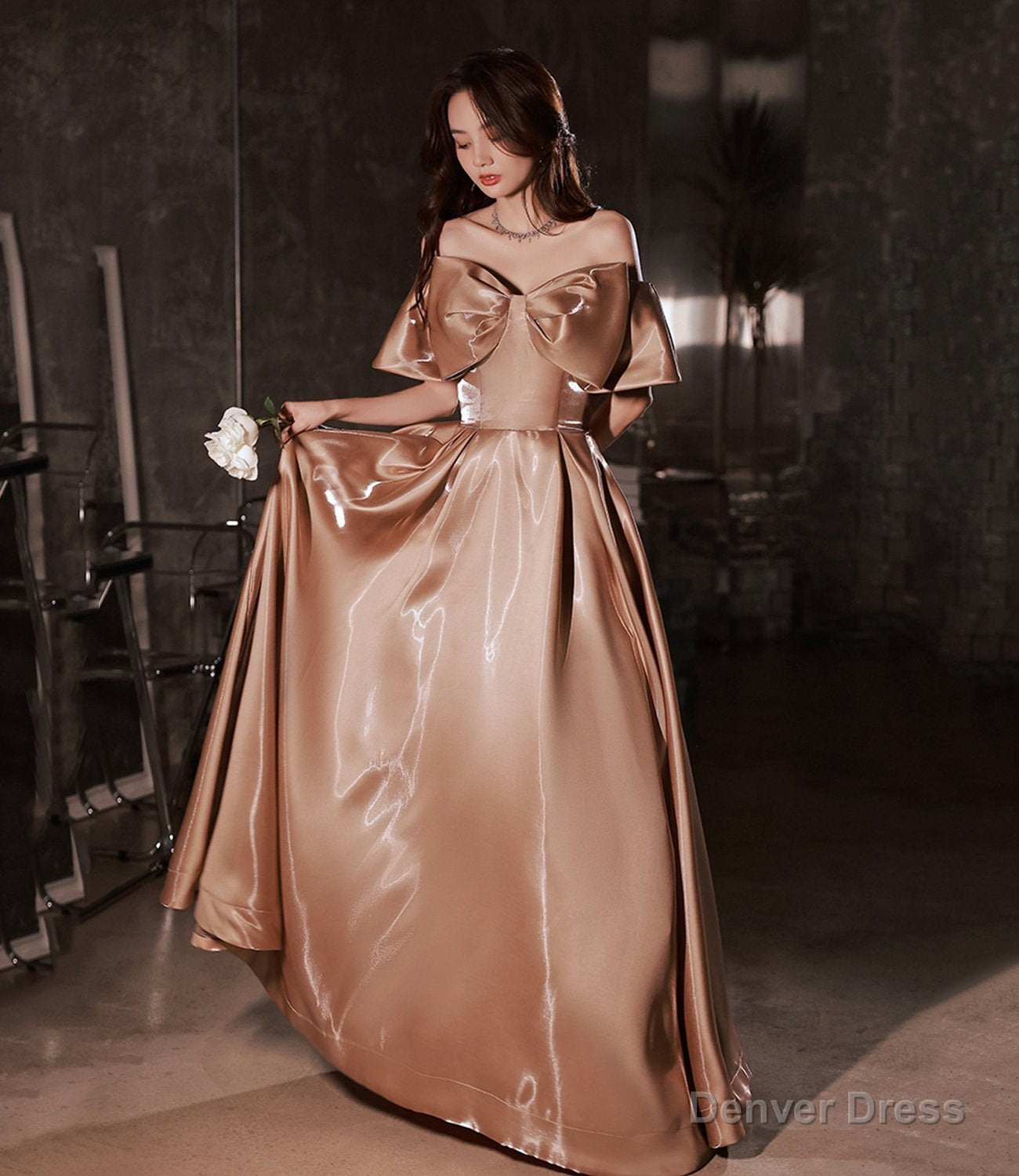 Lovely Bow Satin Long Ball Gowns Prom Dresses Secondary image