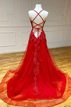 Red Long Prom Dresses Chic & Modern Lace Applique Straps Formal Dresses