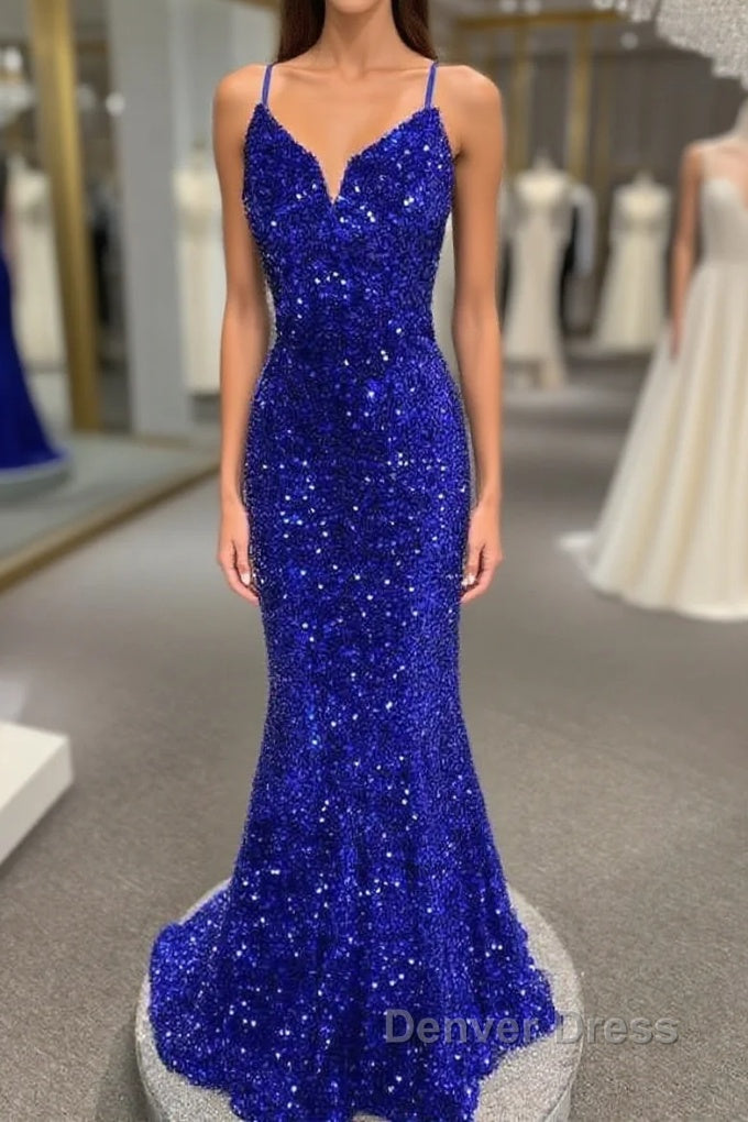 Spaghetti Straps Mermaid Sequin Long Evening Prom Dresses Main image