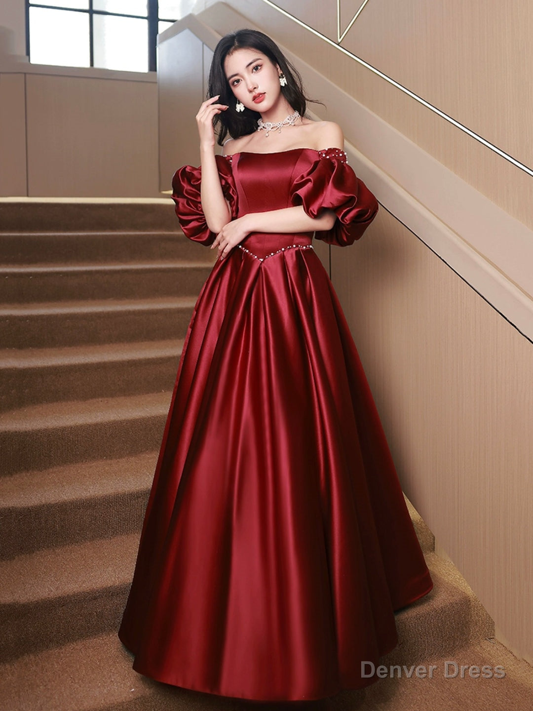 Burgundy Satin Long A-Line Formal Prom Dress Secondary image