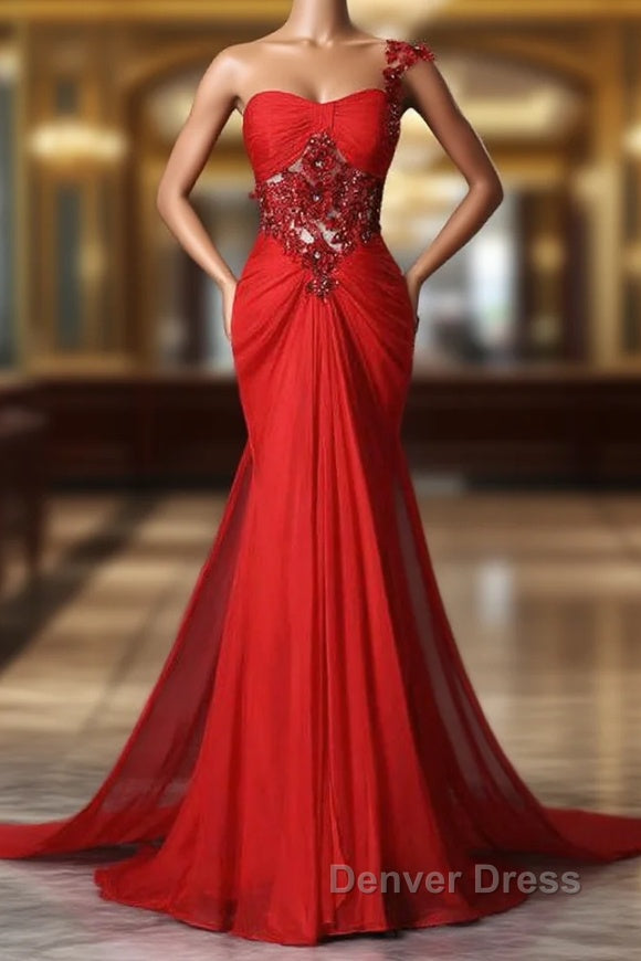 Trumpet Mermaid One Shoulder Chiffon Appliques Lace Beading Red Long Prom Dresses Main image