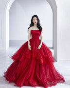 Red tulle long A Line prom Dress red Prom Dresses