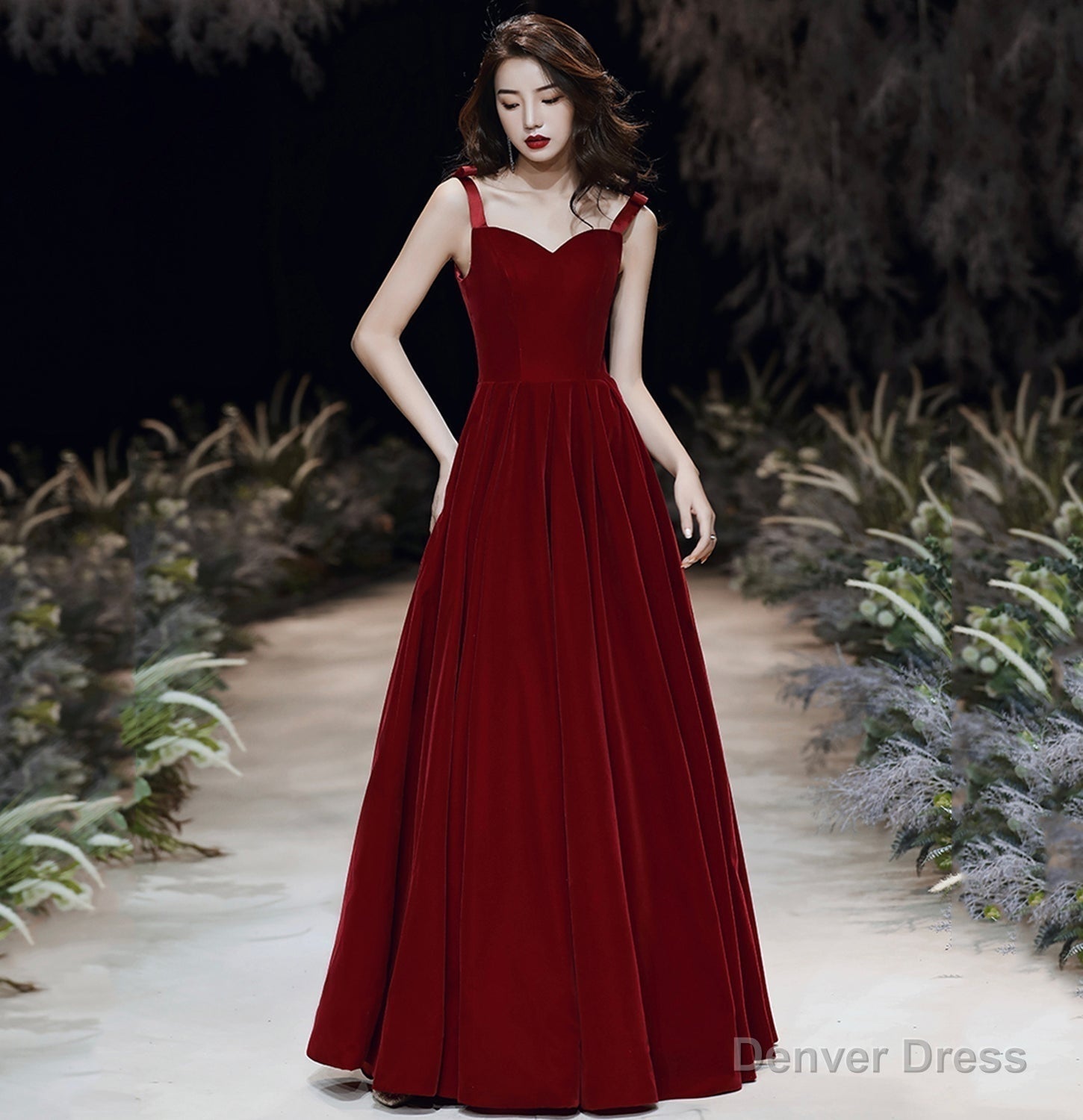 Red velvet long prom Dresses Simple Prom Gowns Main image