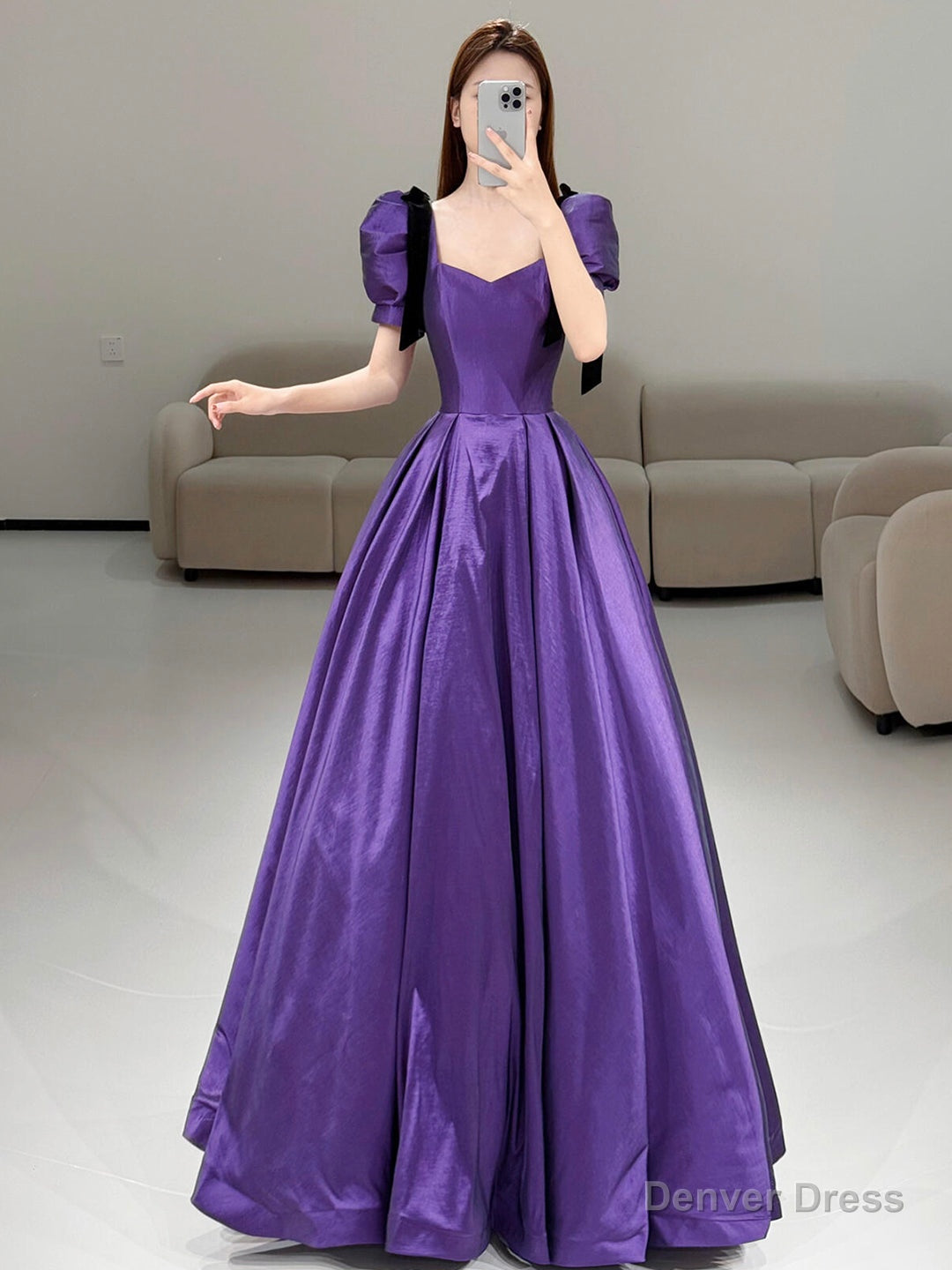 Purple Satin Short Sleeve Prom Dresses