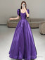 Purple Satin Short Sleeve Prom Dresses