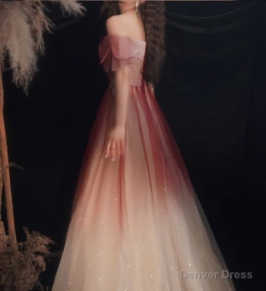 Red Gradient Off the Shoulder Tulle Prom Dresses