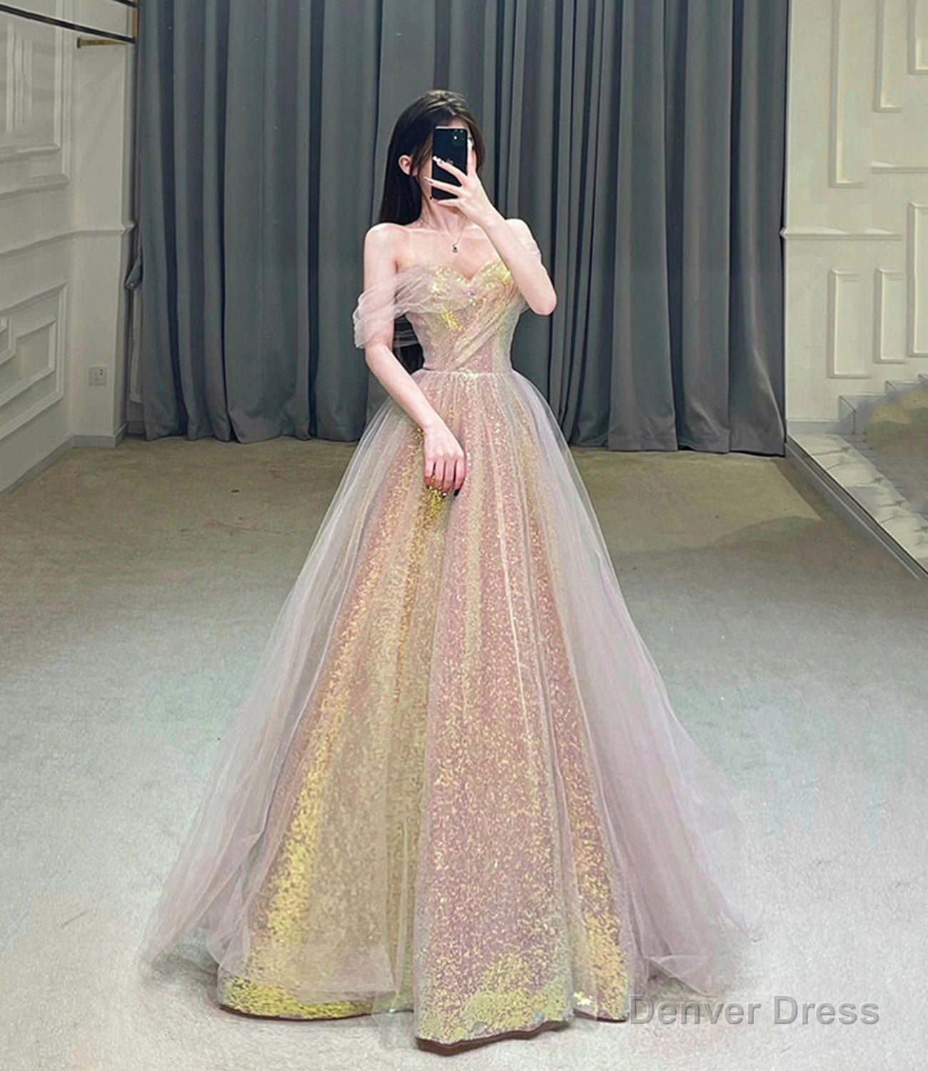 Shiny tulle sequins long prom dress eveing dress