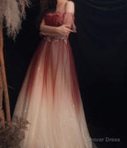 Red Gradient Off the Shoulder Tulle Prom Dresses