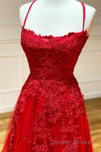 Red Long Prom Dresses Chic & Modern Lace Applique Straps Formal Dresses