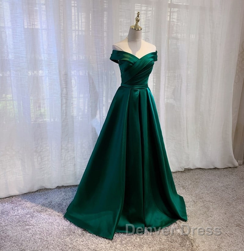 Satin Emerald Green Pleated A-Line Off-shoulder Prom Dresses Secondary image