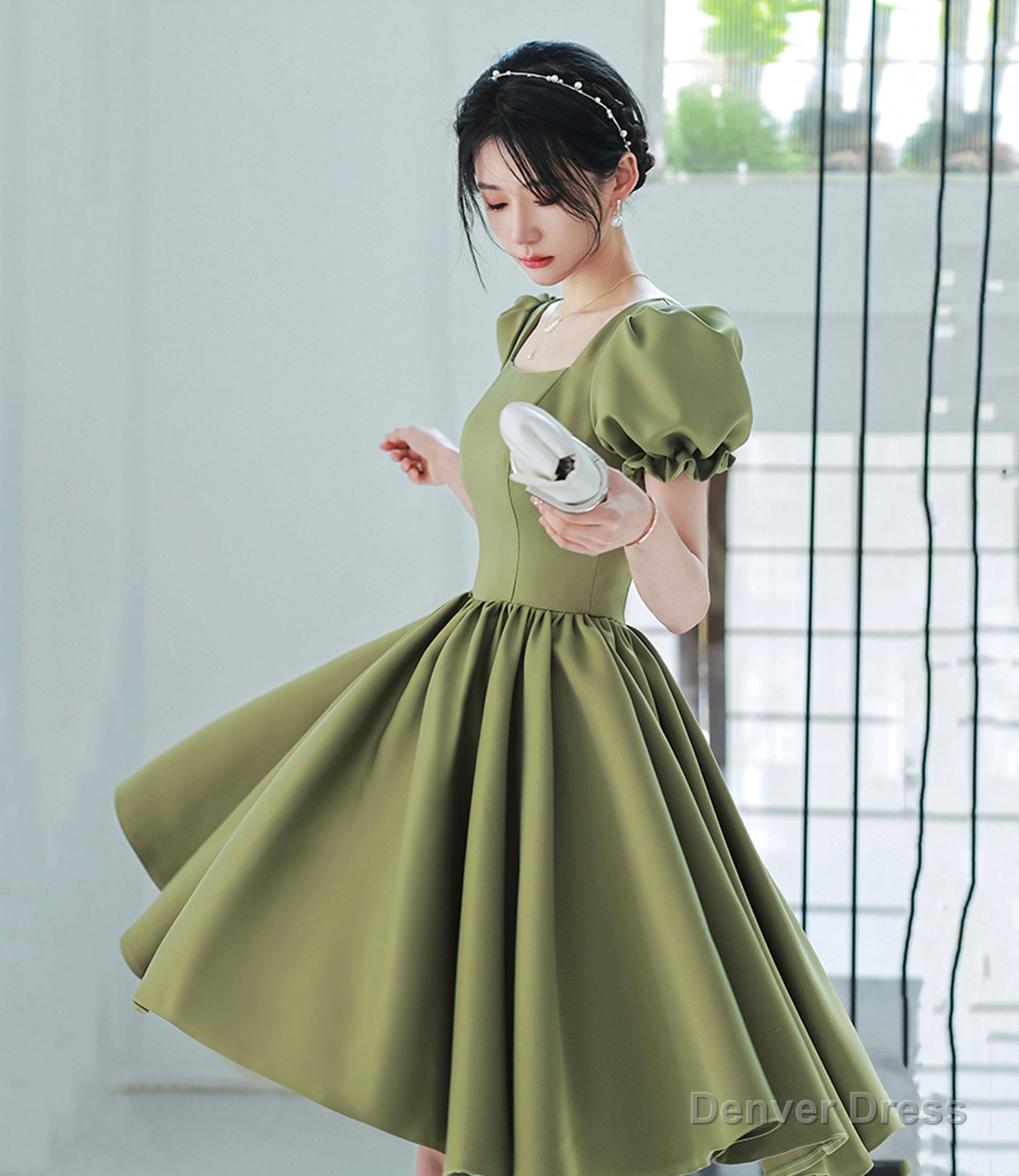 Green satin short prom Dress A Line homecoming Dresses