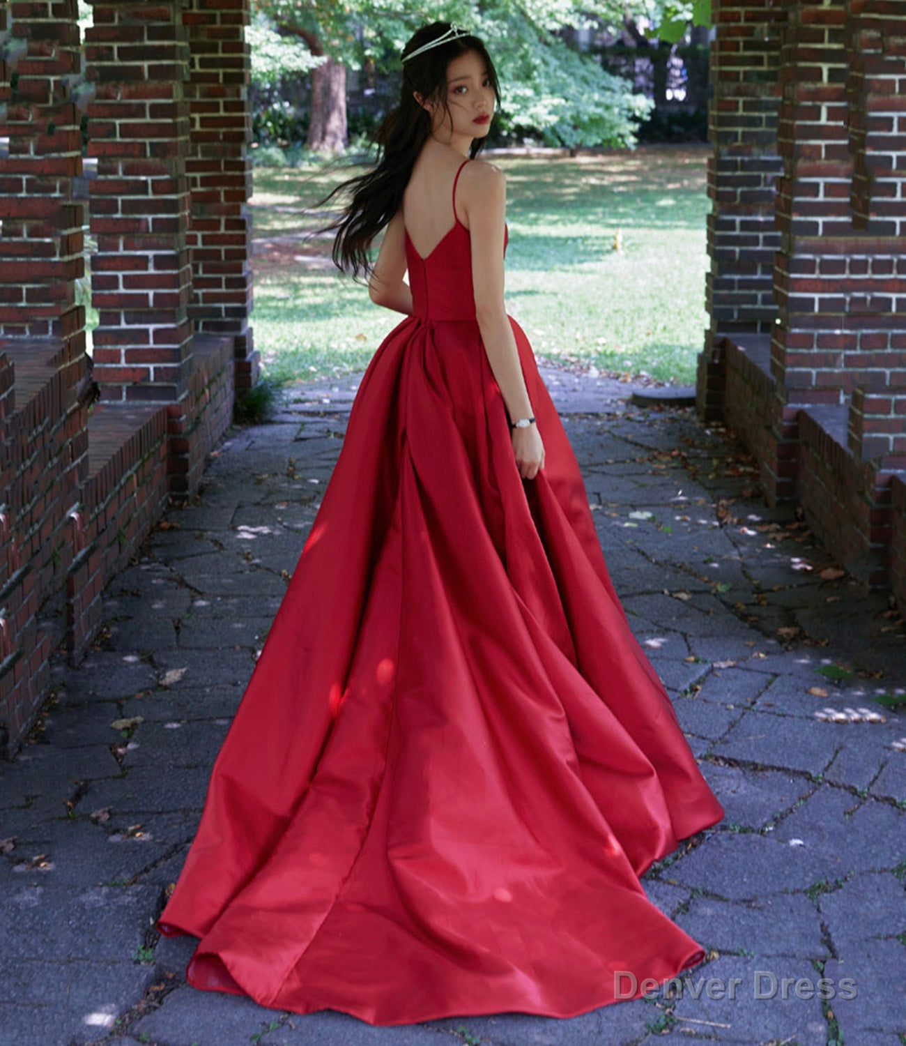 Red satin long prom Dress A Line Prom Dresses Secondary image