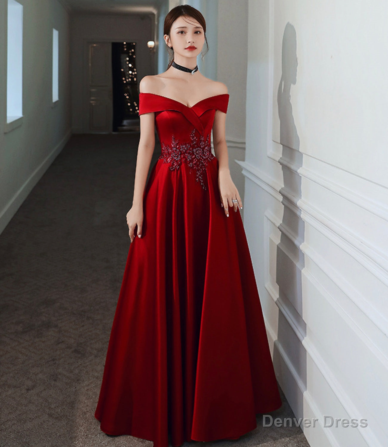 Burgundy satin beads long prom dress evening dress Main image