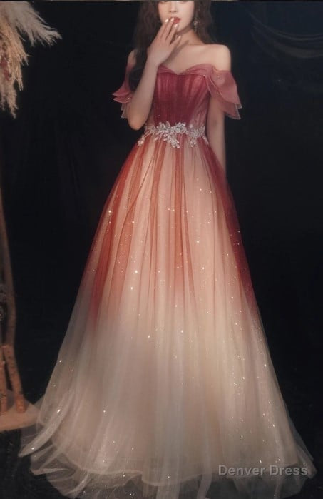 Red Gradient Off the Shoulder Tulle Prom Dresses