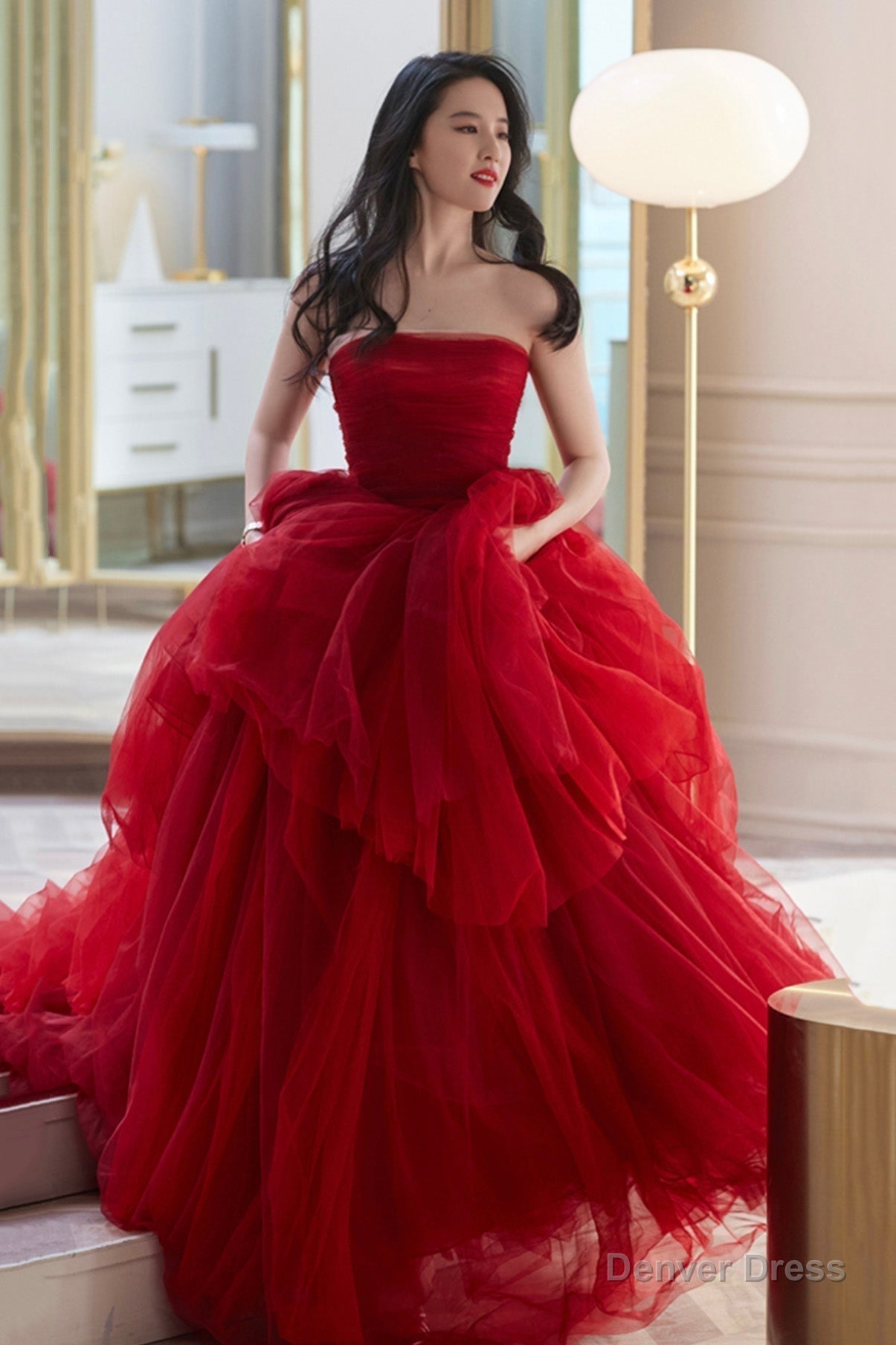 Red tulle long A Line prom Dress red Prom Dresses