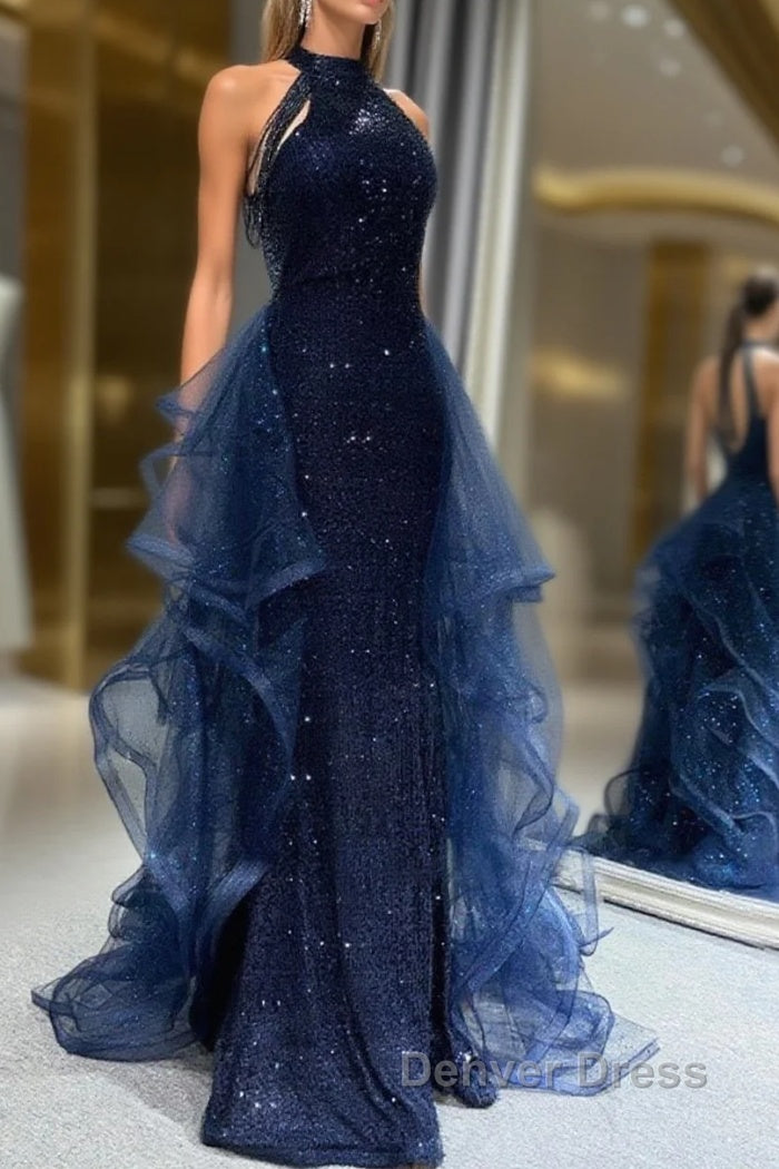 Navy Blue Sequins Long Prom Party Dresses Main image