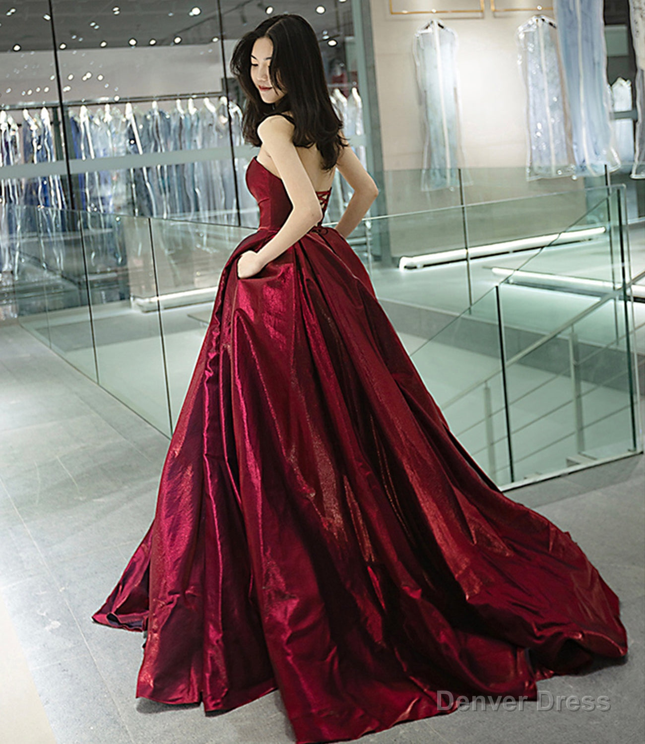 Burgundy satin long prom dress A line evening gown Main image