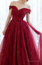 Urgundy Tulle Long Prom Dress, A Line Off The Shoulder Prom Dresses