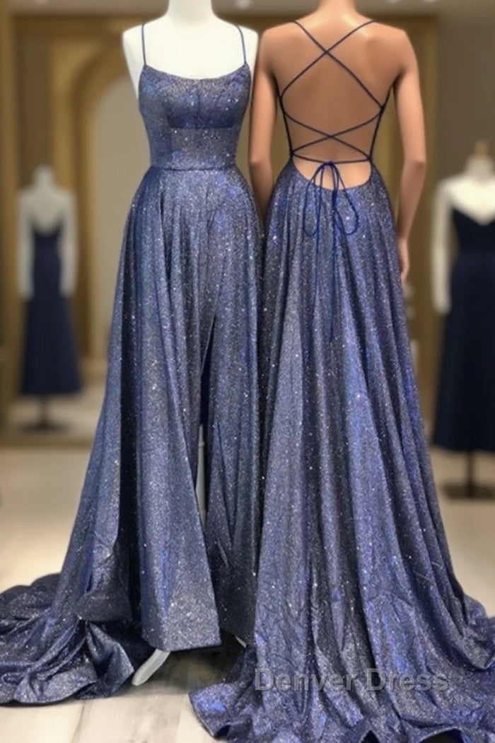 Shiny Navy Blue Sequin A Line Long Prom Dresses With Slit