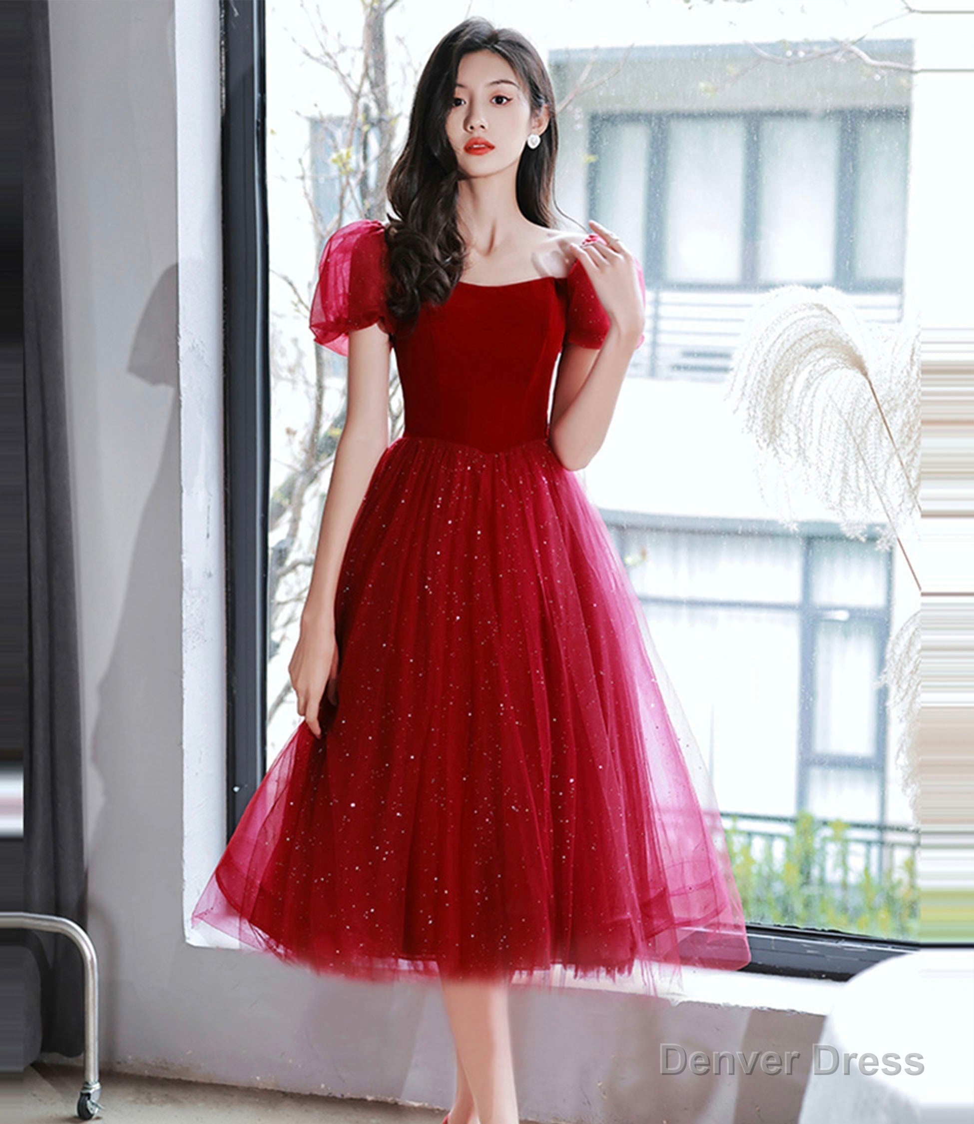 Burgundy velvet tulle short prom dress homecoming dress Main image