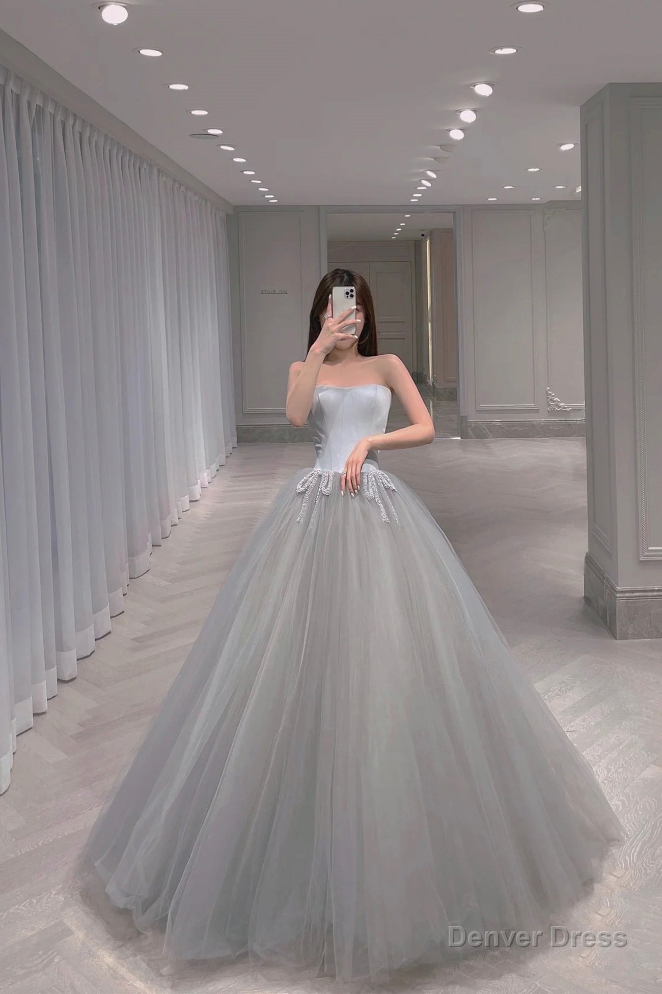 Gray tulle long A Line ball Gowns Dress Prom Dresses