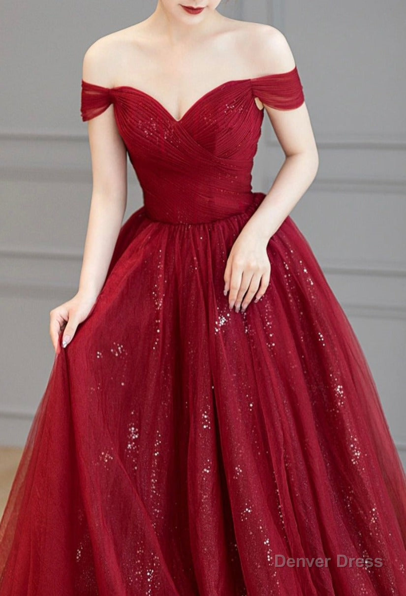 Urgundy Tulle Long Prom Dress, A Line Off The Shoulder Prom Dresses
