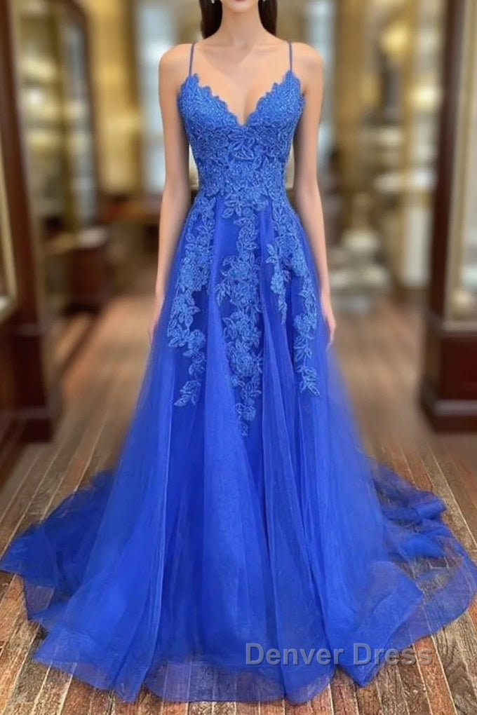 A-line Spaghetti Straps Sweep Train Tulle Prom Dresses With Lace Appliqued Main image