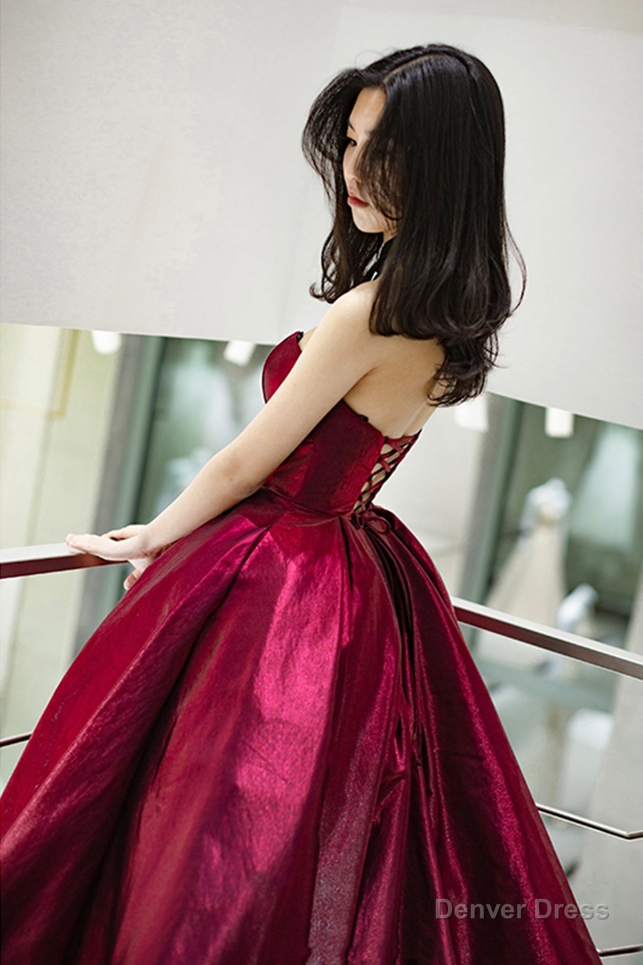 Burgundy satin long prom dress A line evening gown