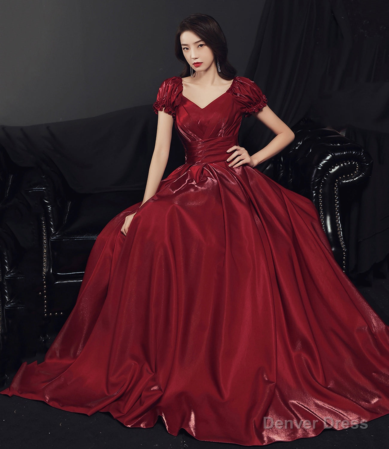 Burgundy satin long prom dress A line evening gown Main image