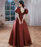 Burgundy v neck satin long prom gown A line formal gown