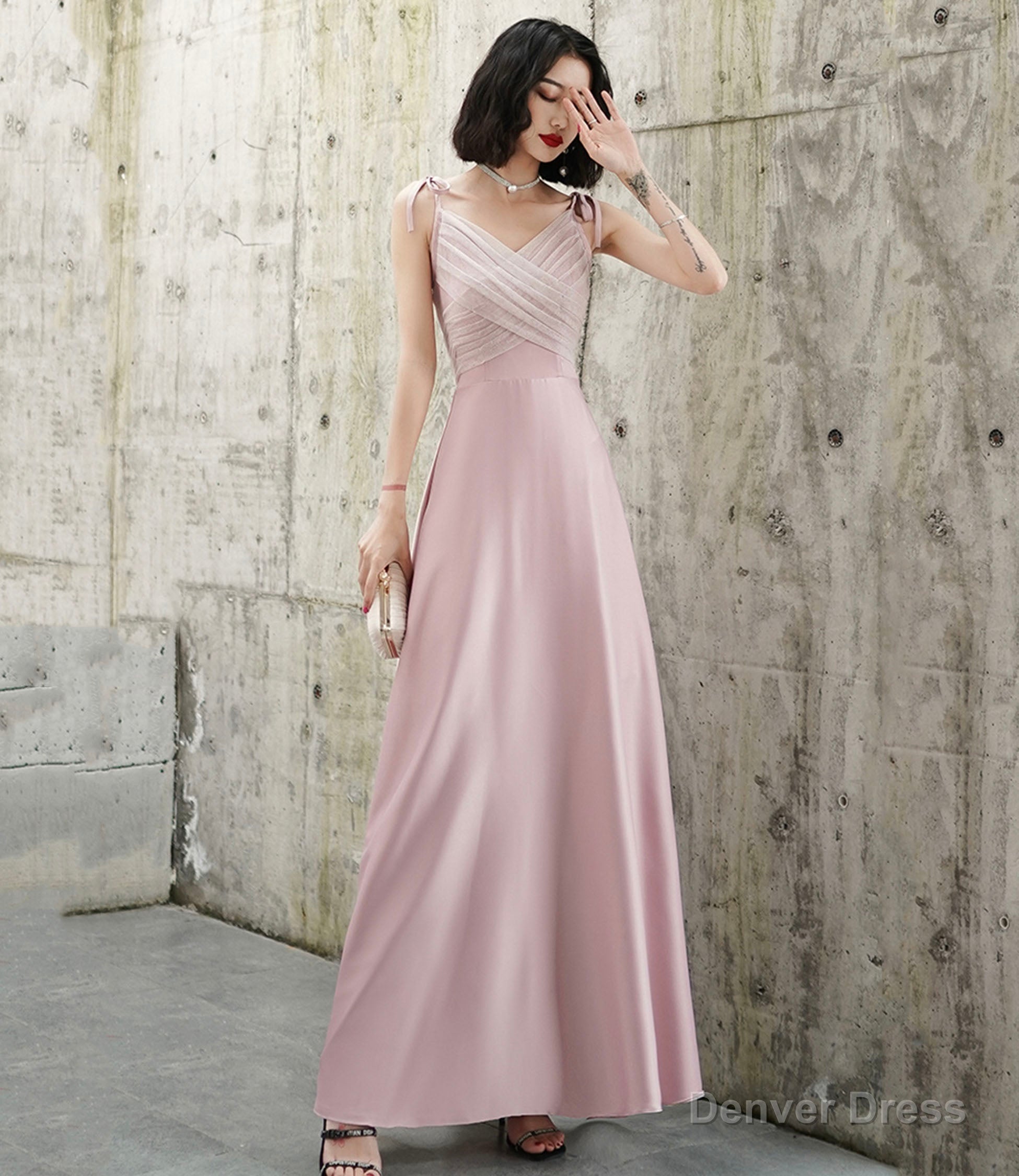 Pink V-neck long prom dress A-line evening dress Secondary image